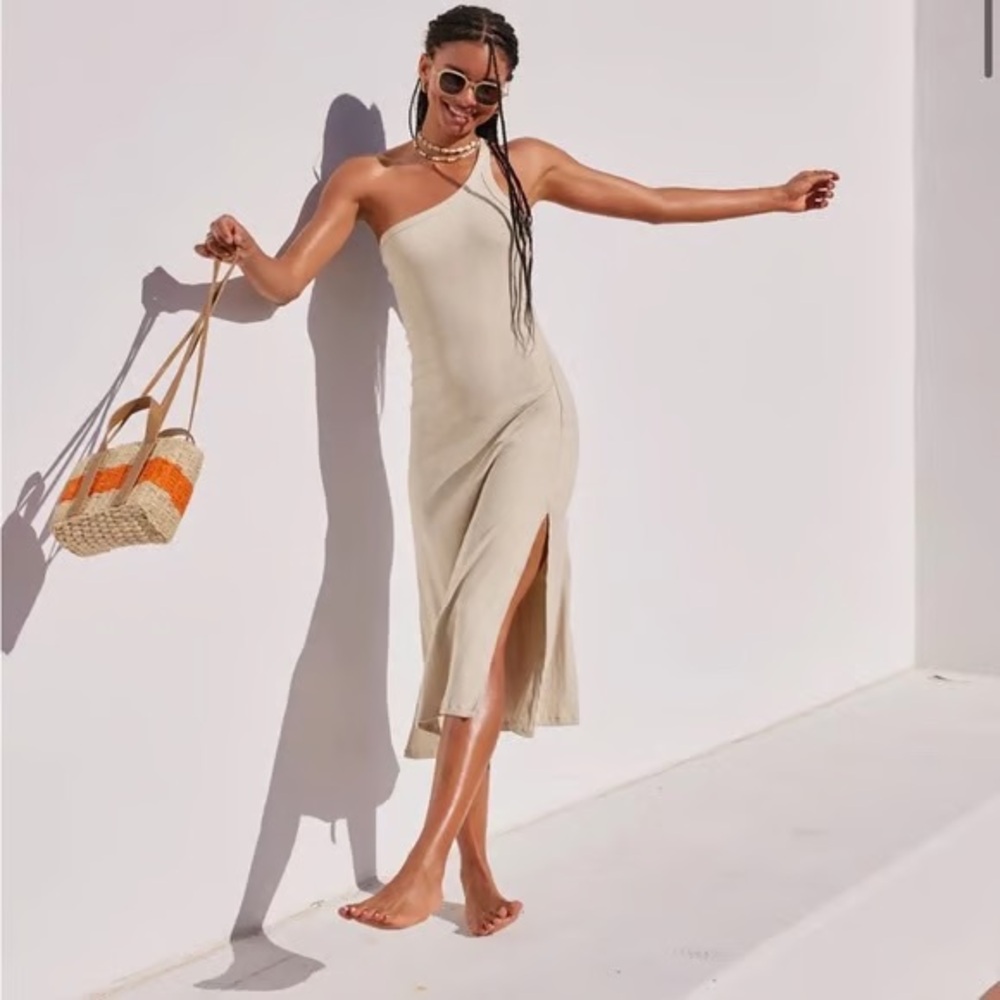 Aerie One Shoulder Ribbed Midi Dress